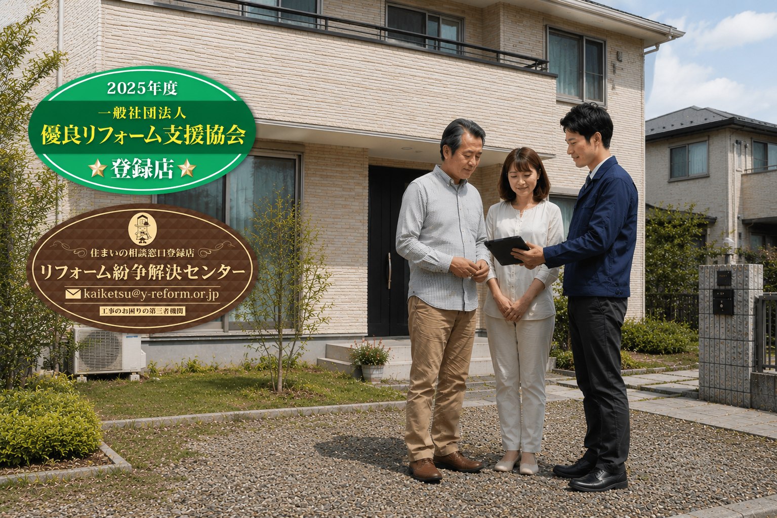 住宅前でリフォーム相談をする様子と優良リフォーム支援協会登録店の認定表示